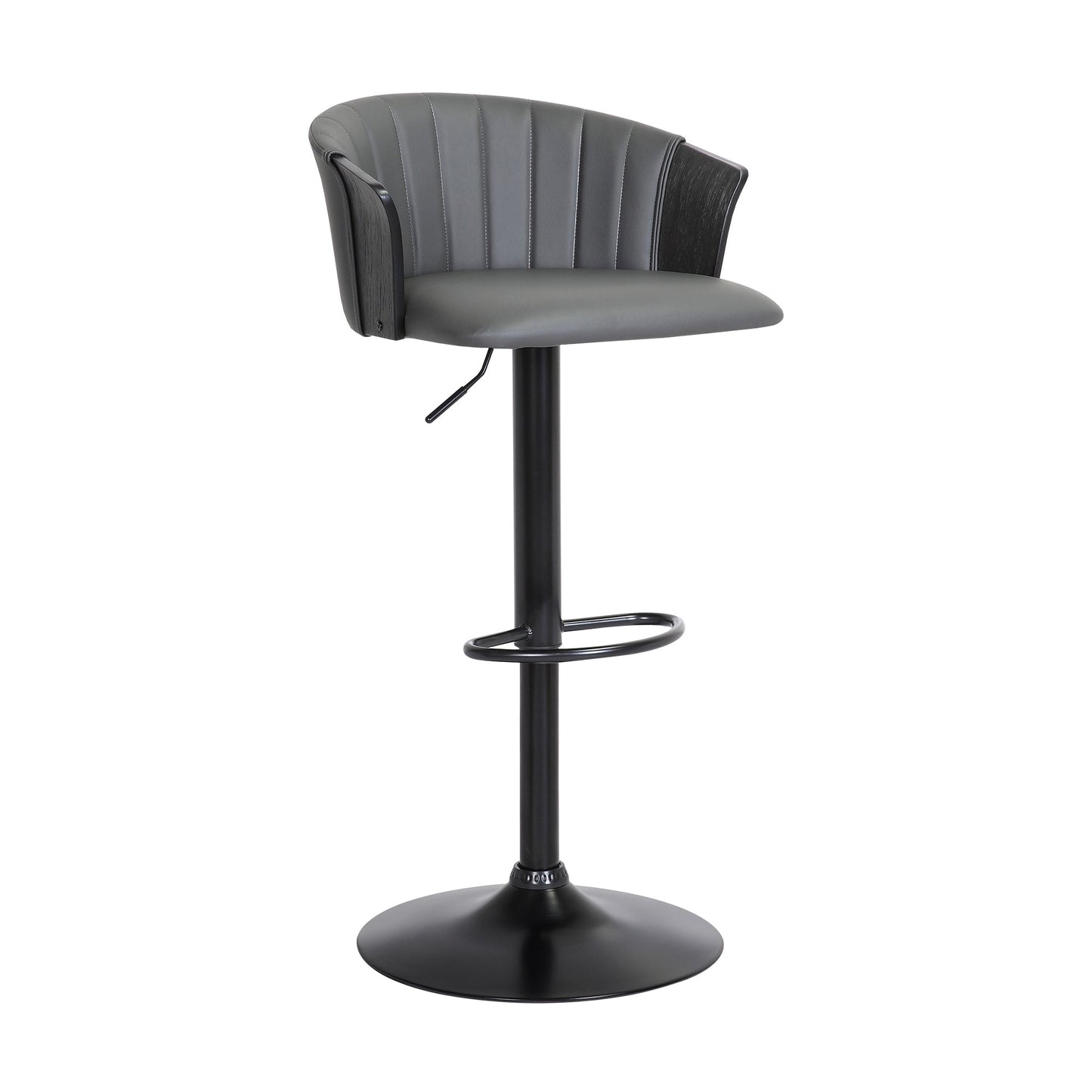 Lydia Adjustable Wood Bar Stool with Faux Leather and Black Metal