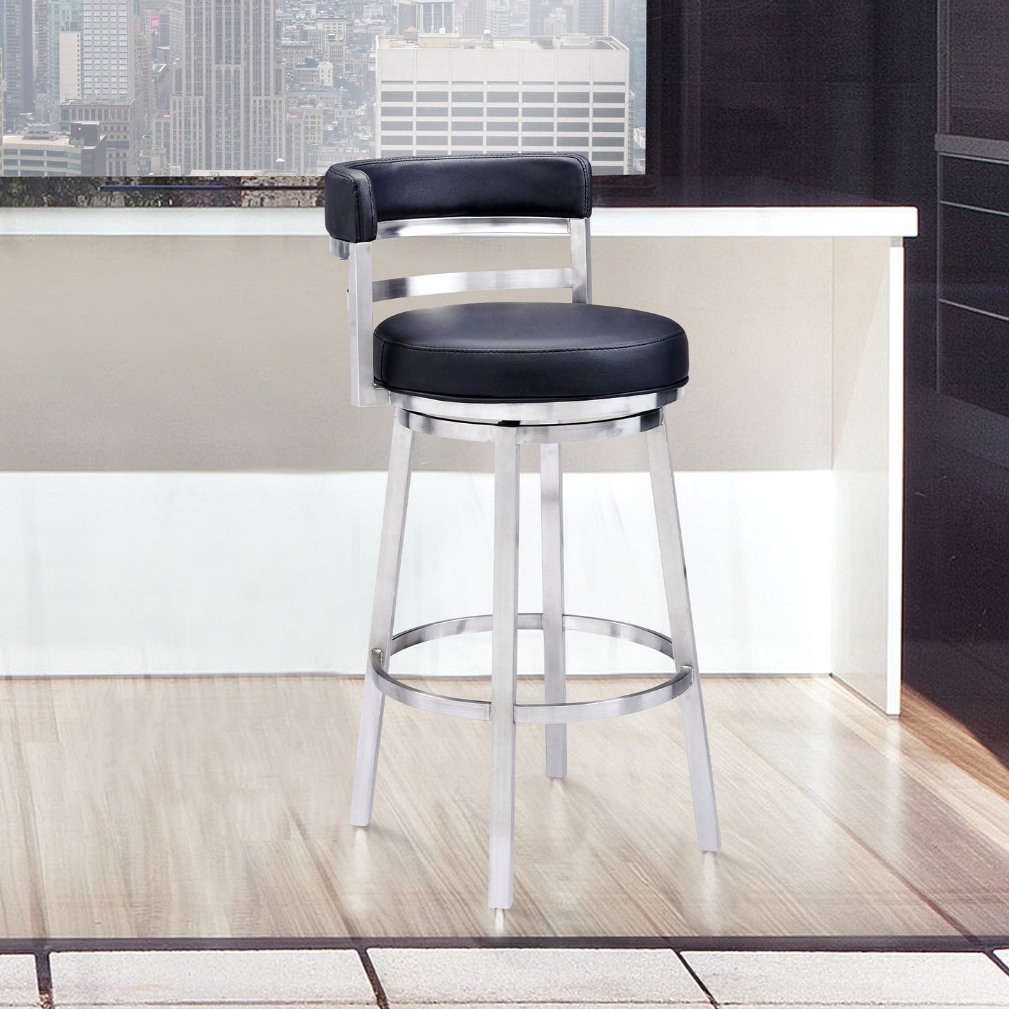Madrid Bar and Counter Height Swivel Faux Leather and Brushed Stainless Steel Bar Stool