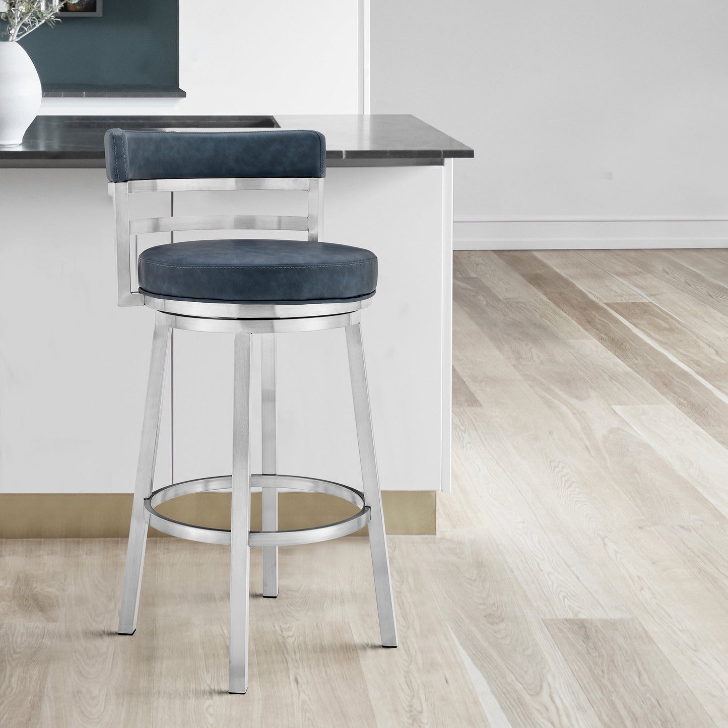 Madrid Bar and Counter Height Swivel Faux Leather and Brushed Stainless Steel Bar Stool
