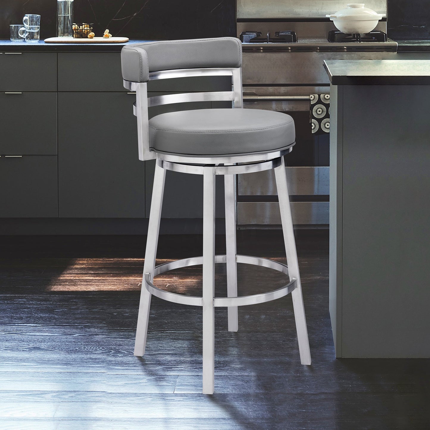 Madrid Bar and Counter Height Swivel Faux Leather and Brushed Stainless Steel Bar Stool