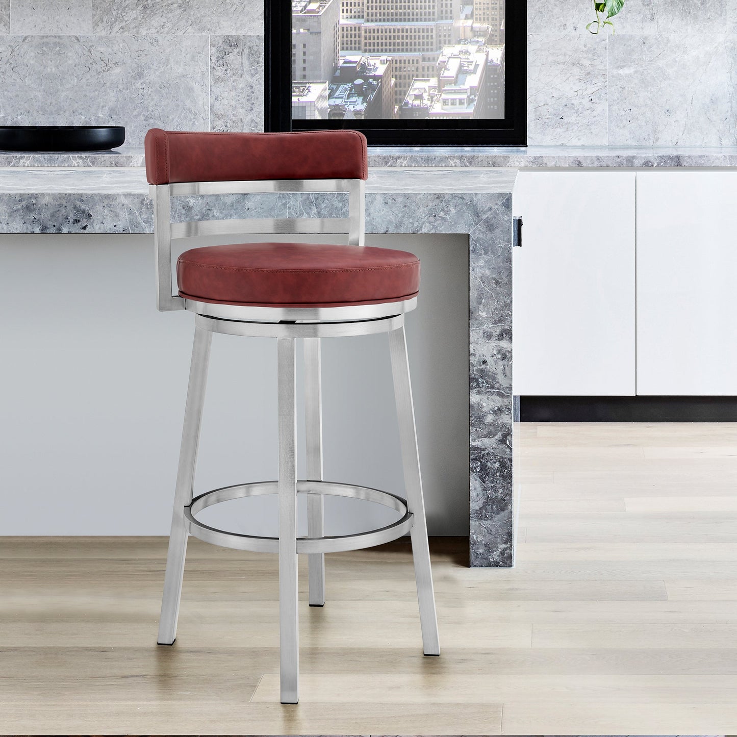 Madrid Bar and Counter Height Swivel Faux Leather and Brushed Stainless Steel Bar Stool