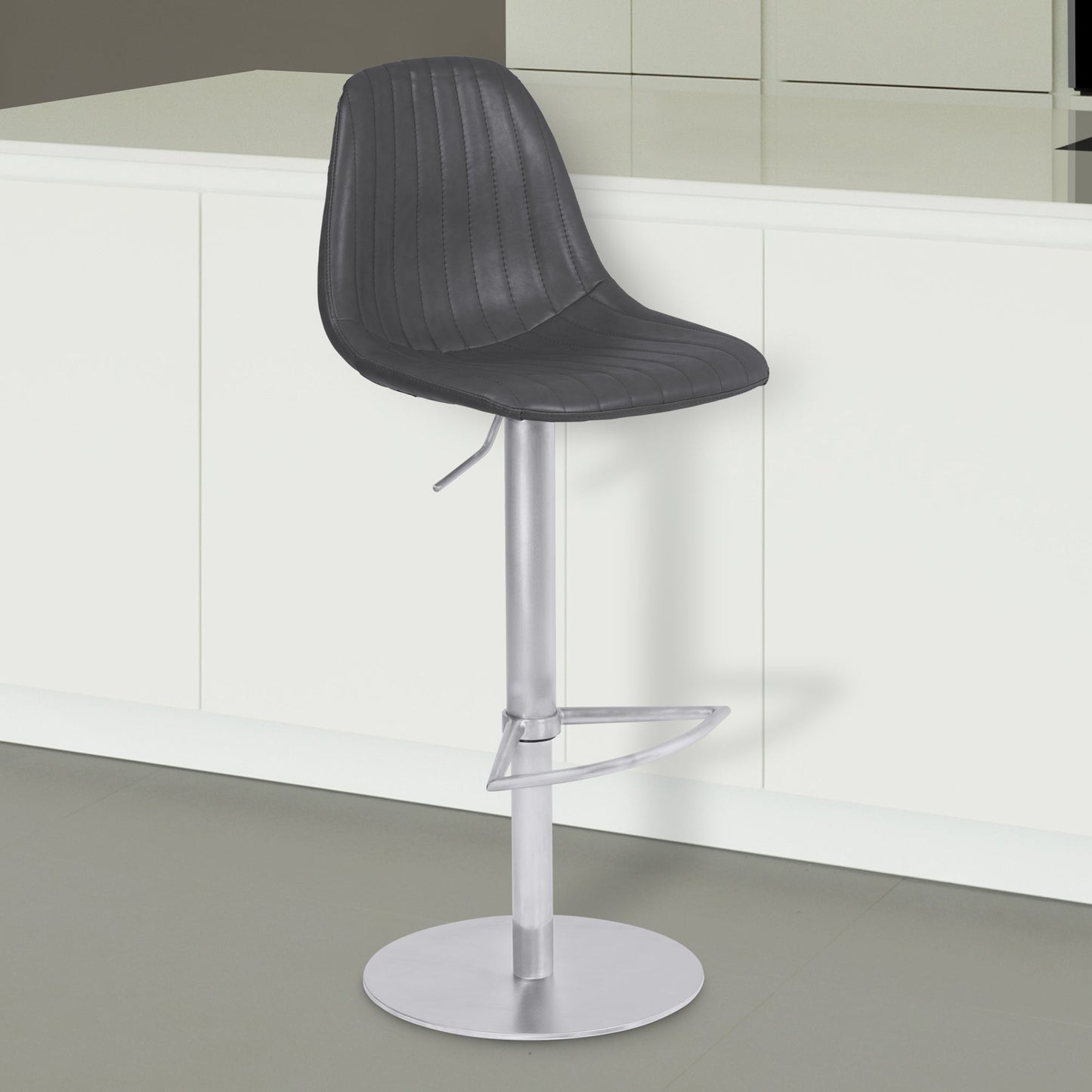 Melrose Adjustable Metal Barstool in Vintage Gray Faux Leather with Brushed Stainless Steel Finish