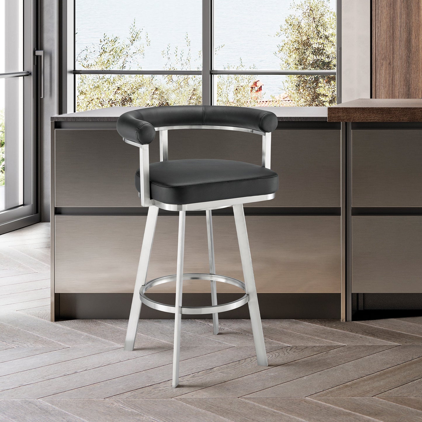 Magnolia Swivel Counter and Bar Stools in Metal and Faux Leather