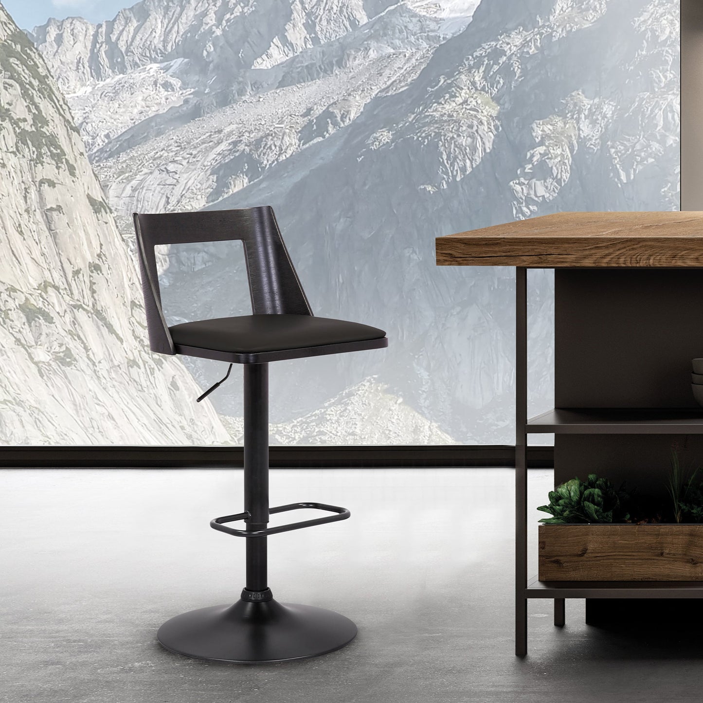 Milan Adjustable Swivel Faux Leather and Wood Bar Stool with Black Base