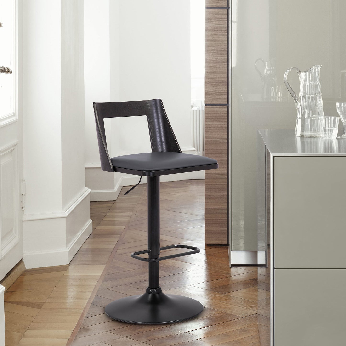 Milan Adjustable Swivel Faux Leather and Wood Bar Stool with Black Base