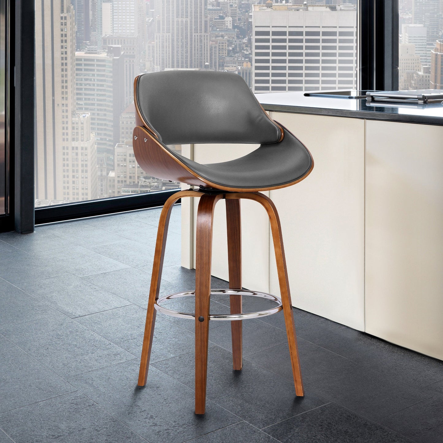 Mona Swivel Faux Leather Counter and Bar Height Stool with Wood Base
