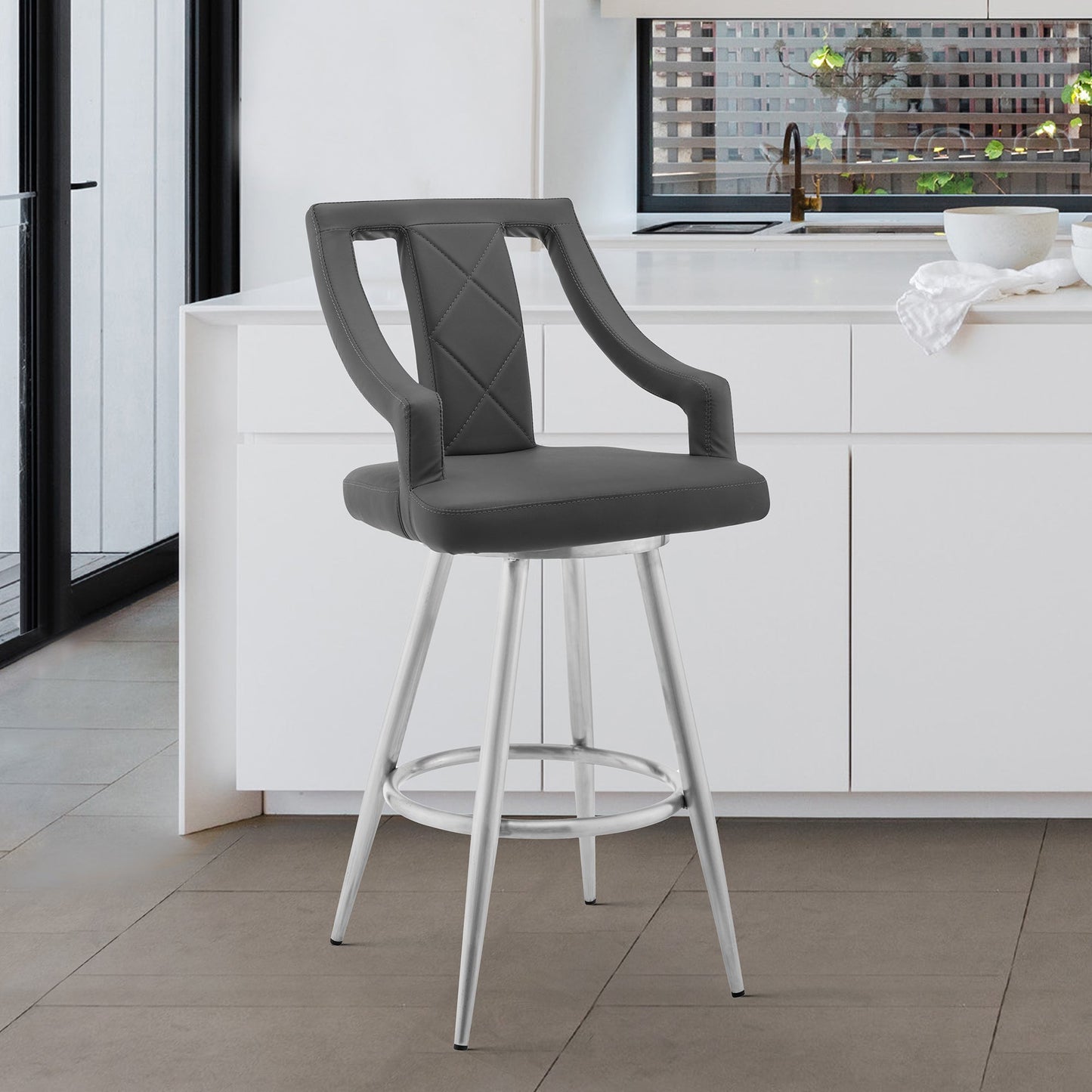 Maxen Faux Leather and Brushed Stainless Steel Swivel Bar Stool
