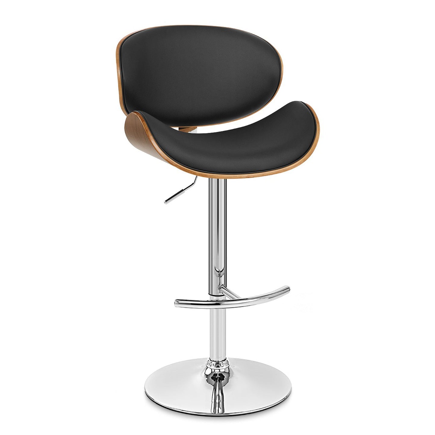 Naples Faux Leather Adjustable Height Swivel Walnut Wood and Chrome Base Bar Stool