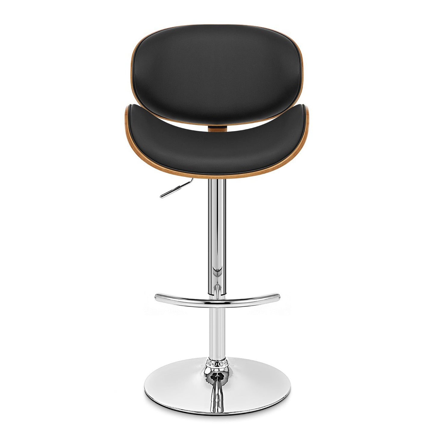 Naples Faux Leather Adjustable Height Swivel Walnut Wood and Chrome Base Bar Stool