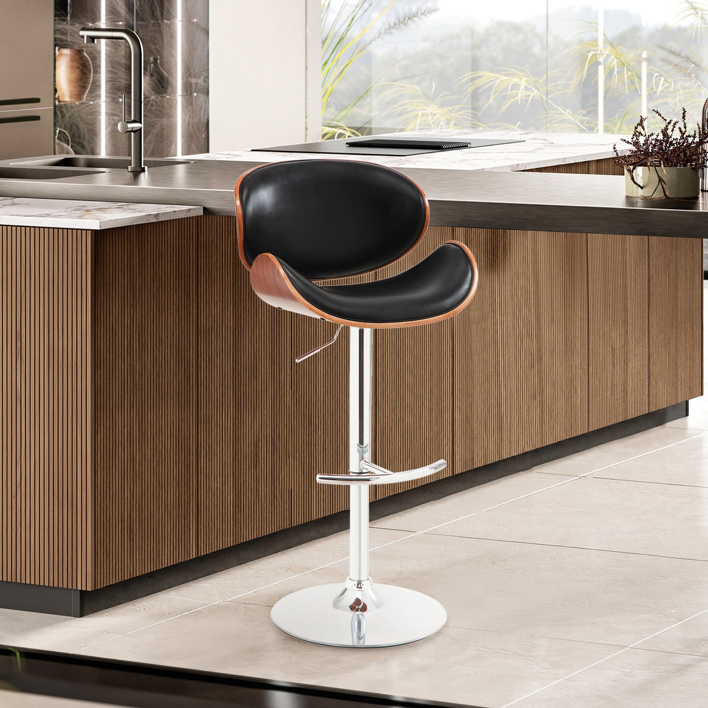 Naples Faux Leather Adjustable Height Swivel Walnut Wood and Chrome Base Bar Stool