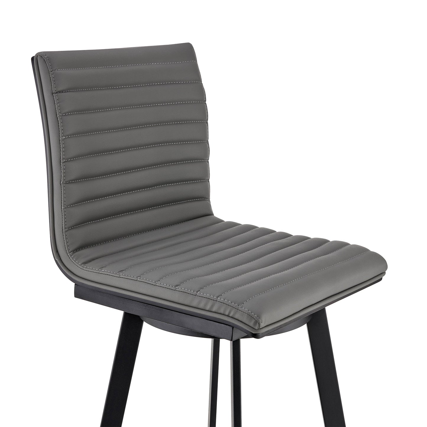 Nikole Swivel Bar Stool in Various Heights with Gray Faux Leather and Stylish Finishes