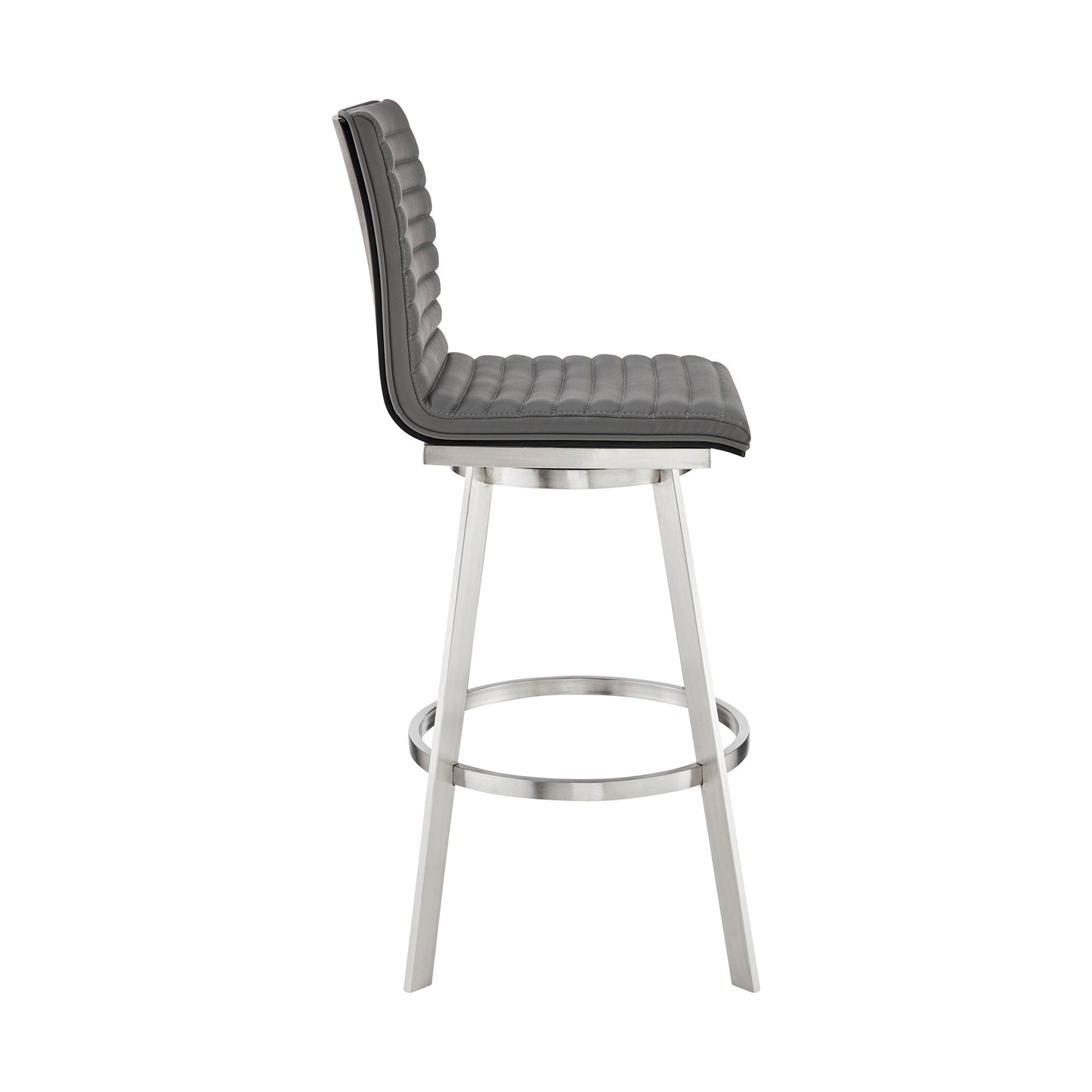 Nikole Swivel Bar Stool in Various Heights with Gray Faux Leather and Stylish Finishes
