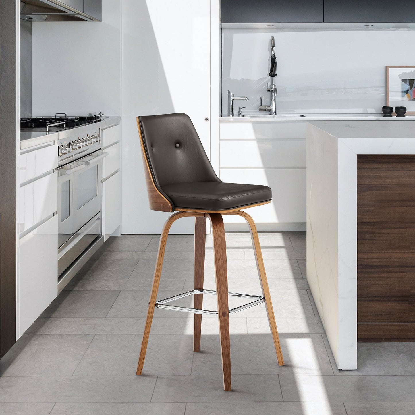 Nolte Swivel Counter and Bar Stool in Faux Leather and Walnut Wood