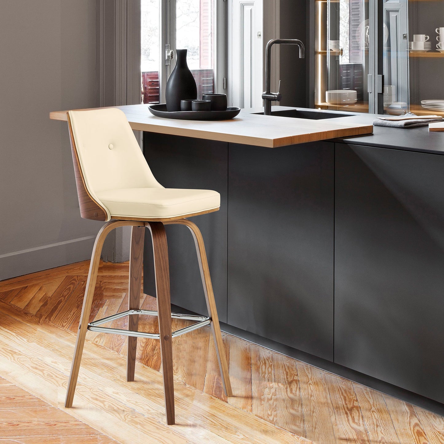 Nolte Swivel Counter and Bar Stool in Faux Leather and Walnut Wood