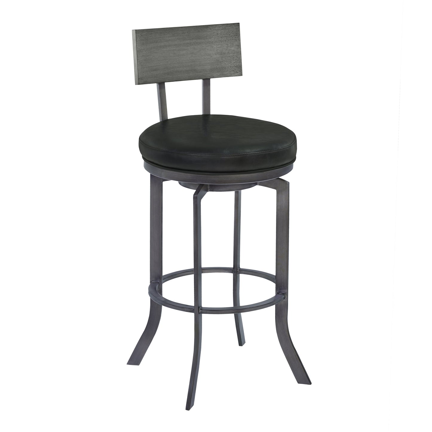 Ojai 26" Counter Height Metal Swivel Barstool in Vintage Black Faux Leather with Mineral Finish and Gray Walnut Wood Back