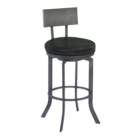 Ojai 26" Counter Height Metal Swivel Barstool in Vintage Black Faux Leather with Mineral Finish and Gray Walnut Wood Back