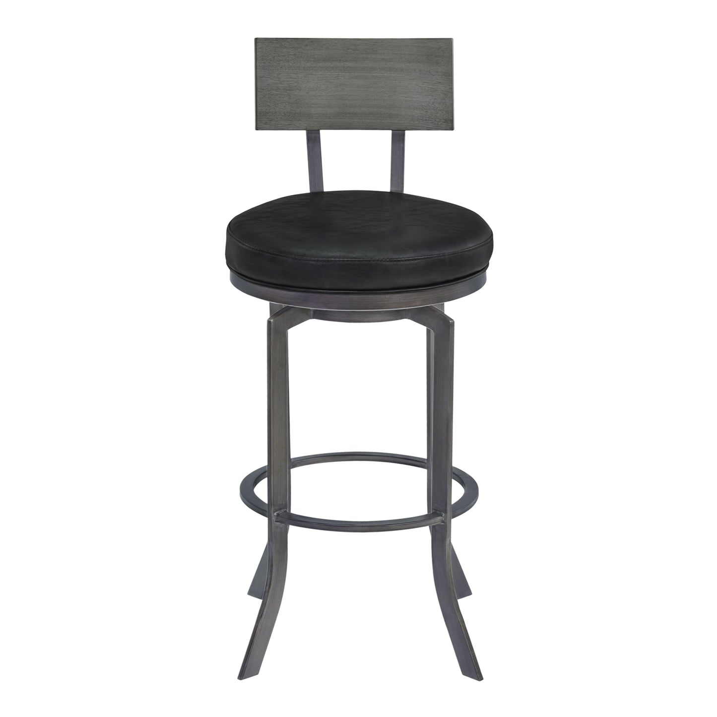 Ojai 26" Counter Height Metal Swivel Barstool in Vintage Black Faux Leather with Mineral Finish and Gray Walnut Wood Back