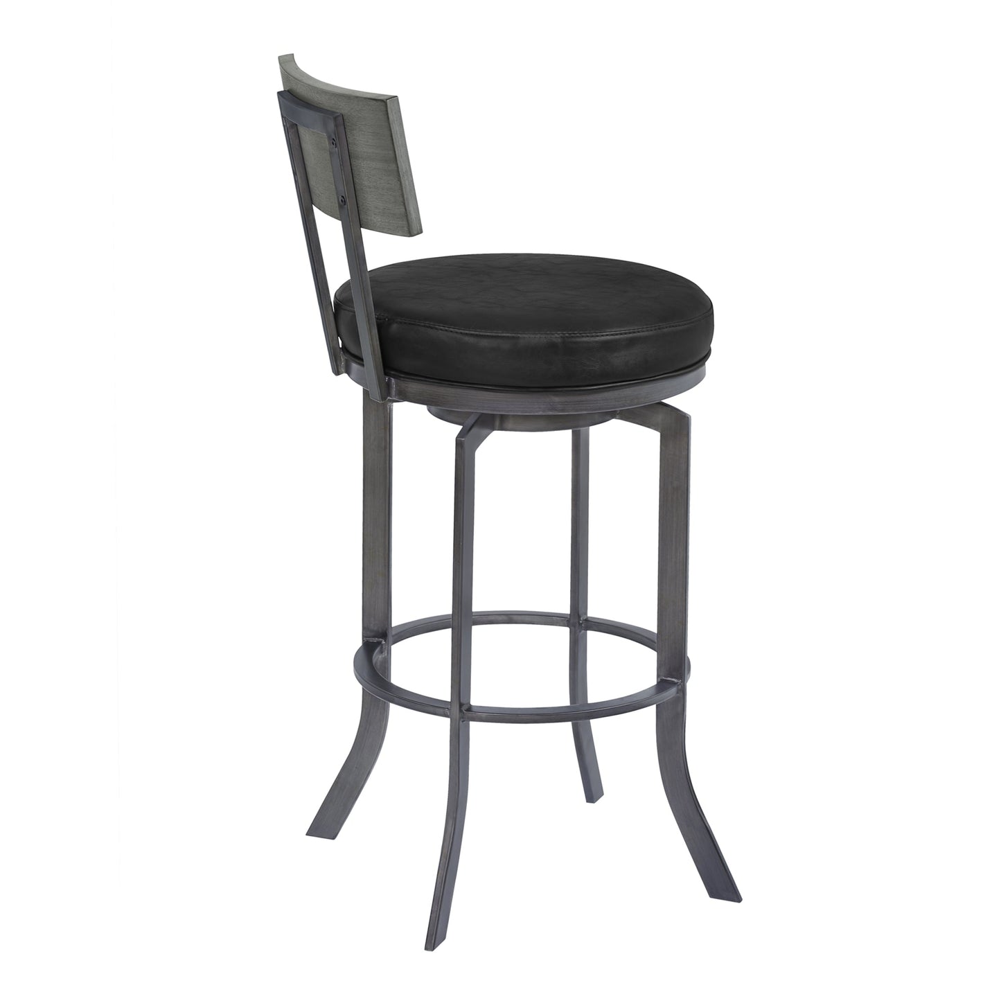 Ojai 26" Counter Height Metal Swivel Barstool in Vintage Black Faux Leather with Mineral Finish and Gray Walnut Wood Back