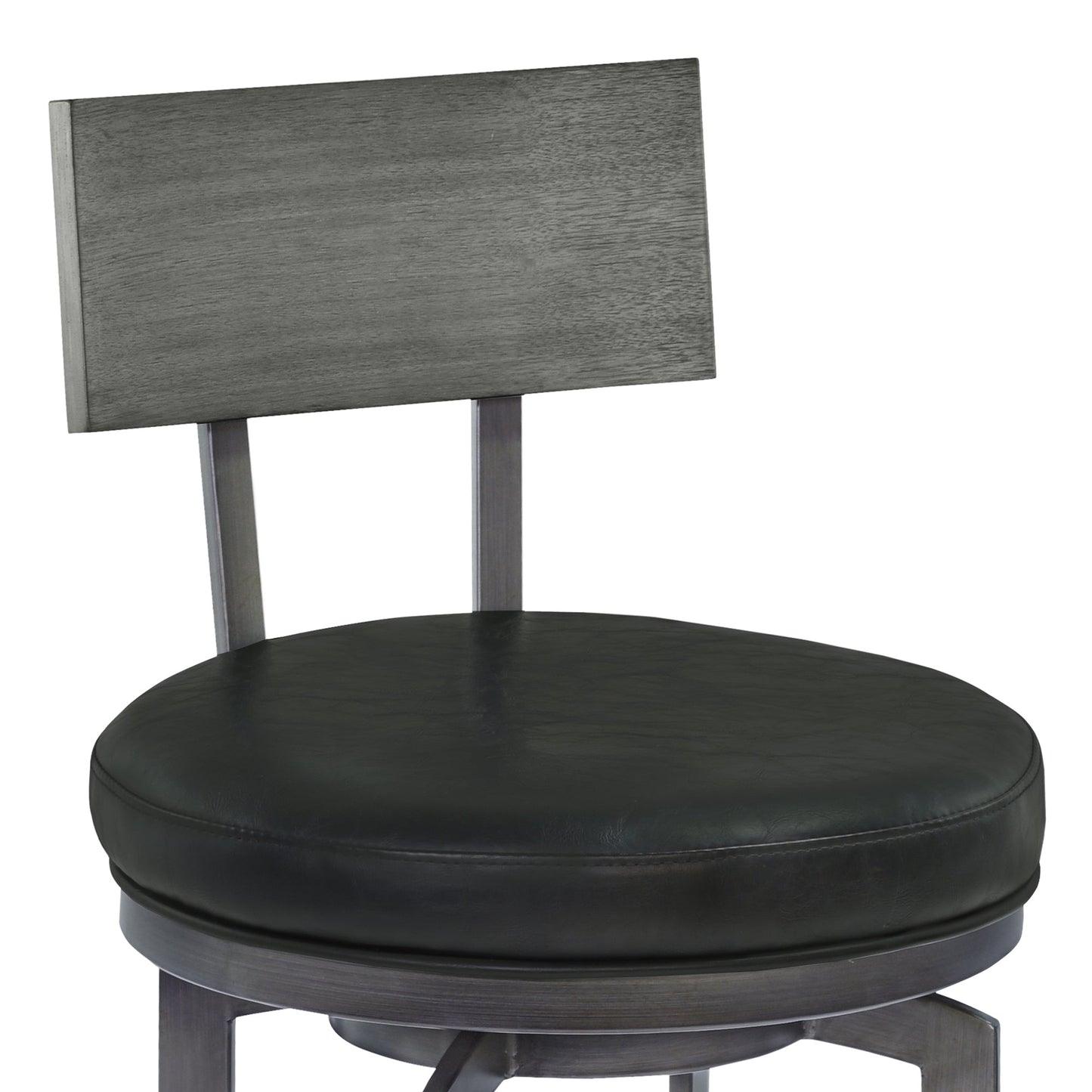 Ojai 26" Counter Height Metal Swivel Barstool in Vintage Black Faux Leather with Mineral Finish and Gray Walnut Wood Back