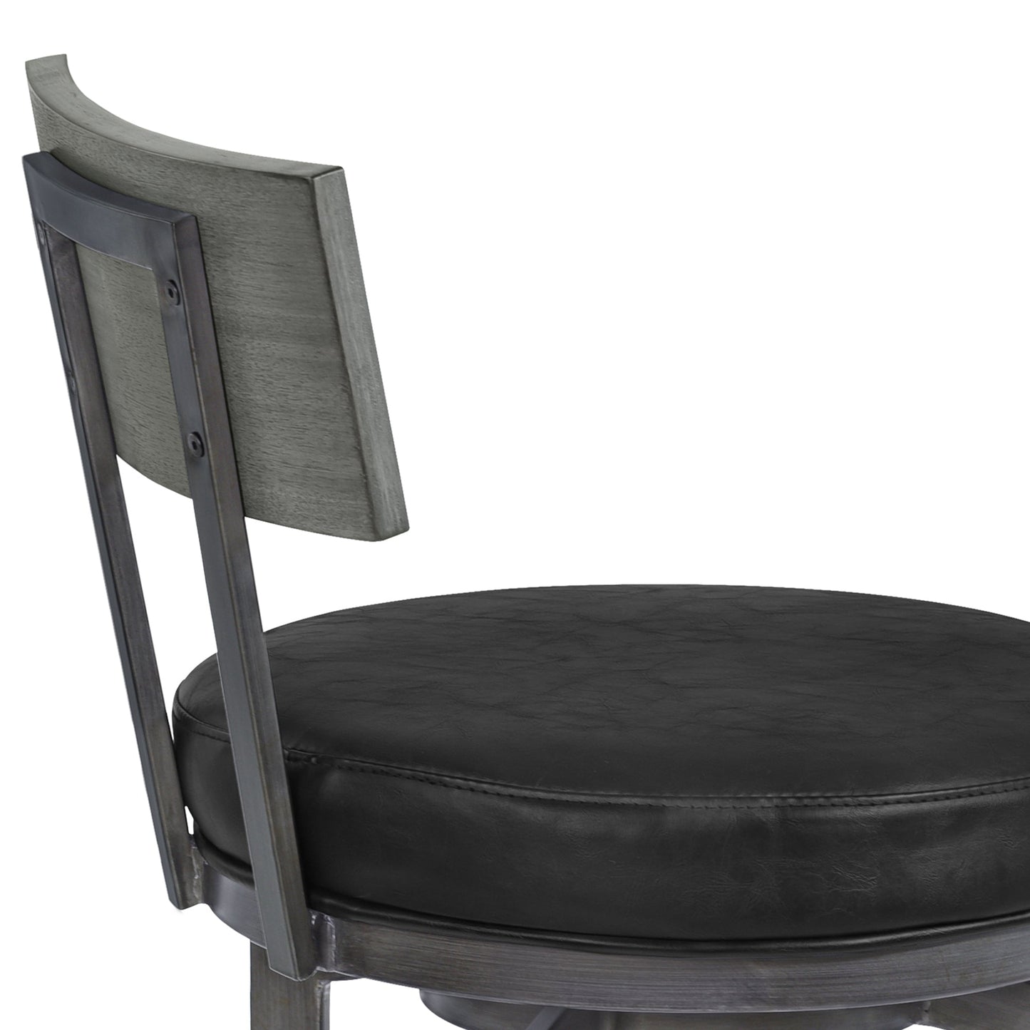 Ojai 26" Counter Height Metal Swivel Barstool in Vintage Black Faux Leather with Mineral Finish and Gray Walnut Wood Back