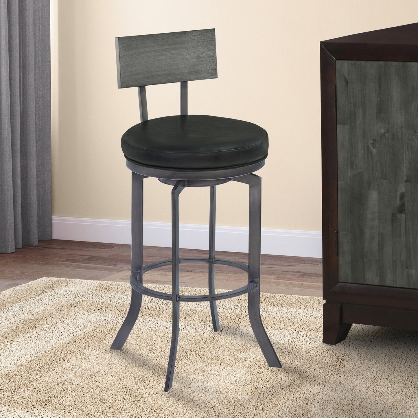 Ojai 26" Counter Height Metal Swivel Barstool in Vintage Black Faux Leather with Mineral Finish and Gray Walnut Wood Back