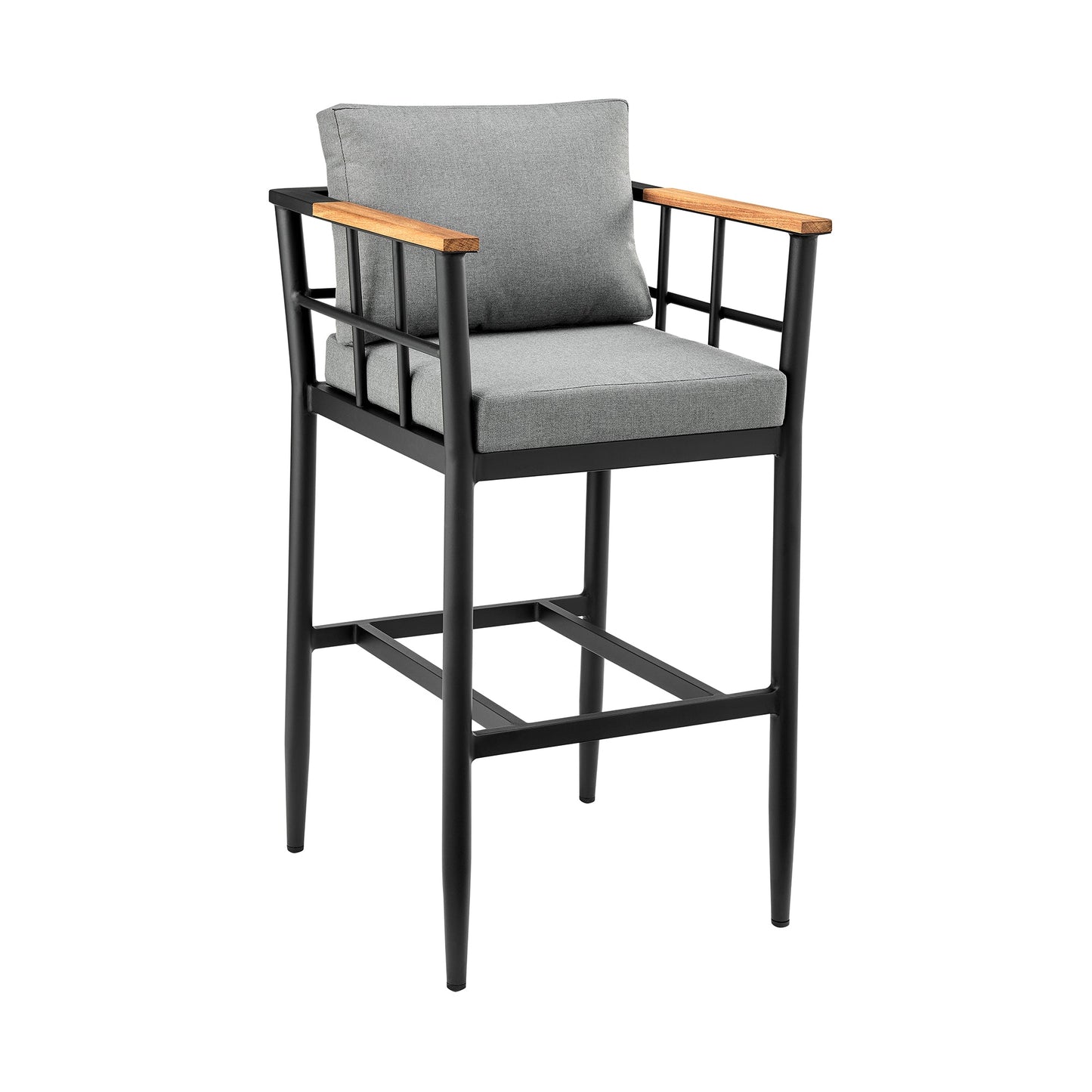Orlando Outdoor Patio Bar Stool in Aluminum and Teak with Cushions