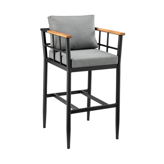 Orlando Outdoor Patio Bar Stool in Aluminum and Teak with Cushions