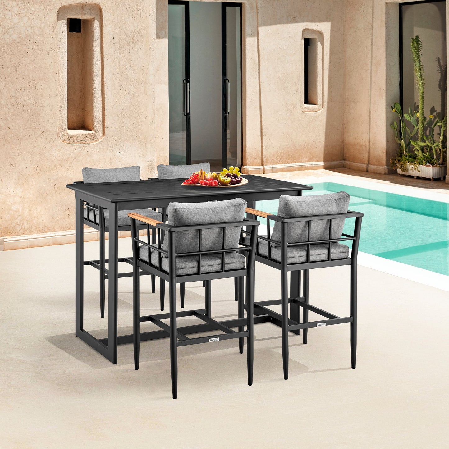 Orlando Outdoor Patio Bar Stool in Aluminum and Teak with Cushions