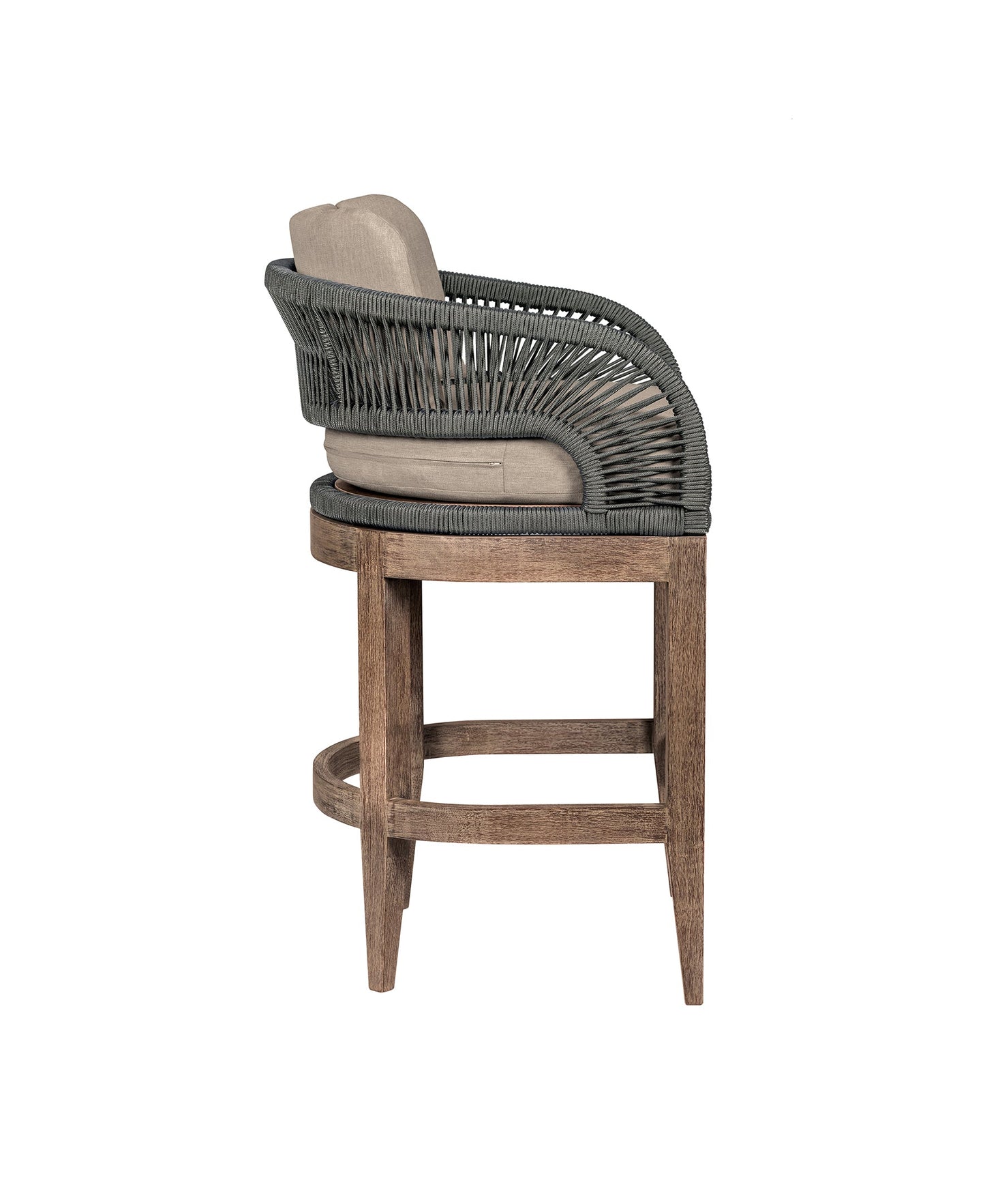 Orbit Outdoor Patio Bar and Counter Stool in Weathered Eucalyptus Wood with Gray Rope and Taupe Olefin Cushions