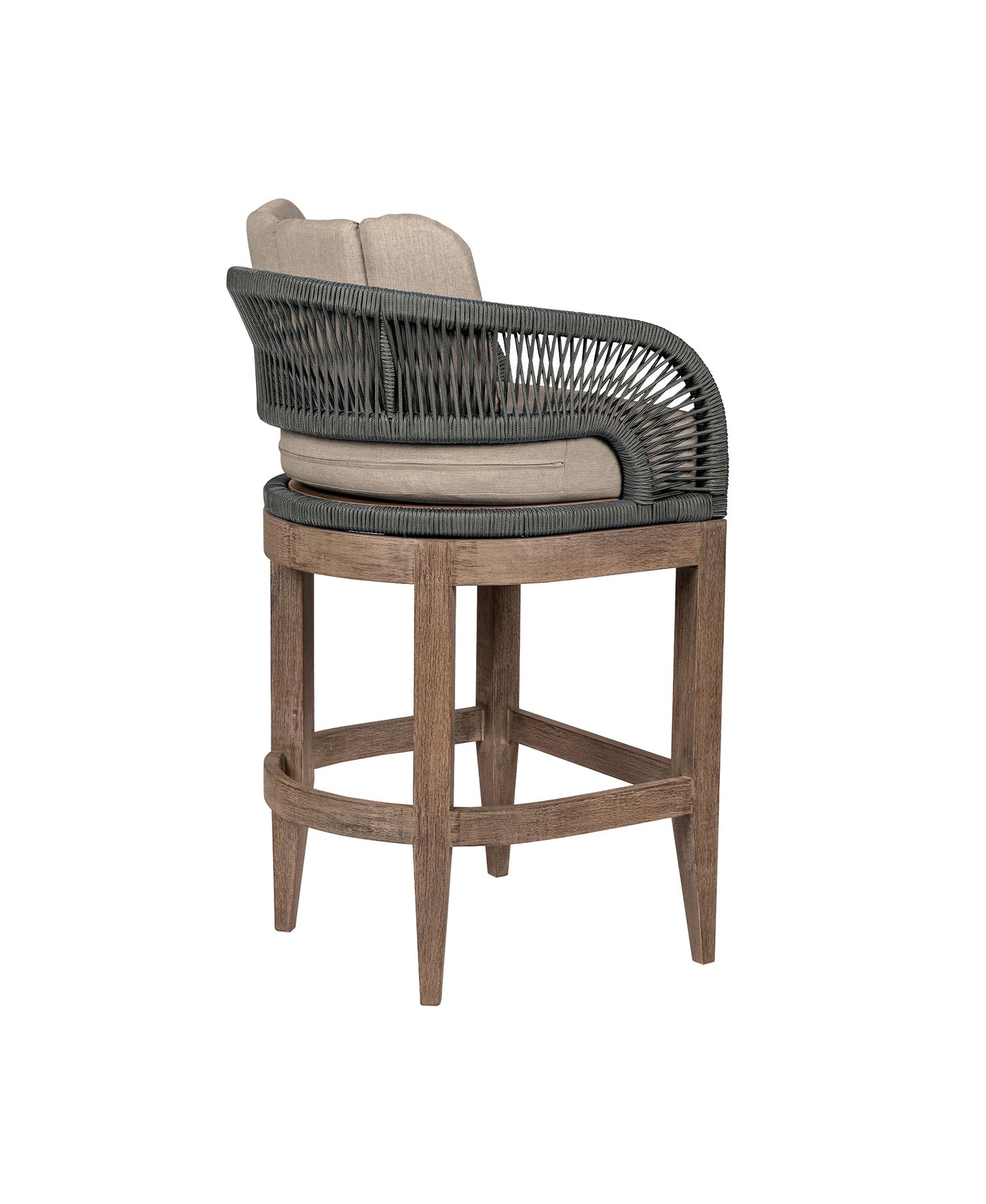 Orbit Outdoor Patio Bar and Counter Stool in Weathered Eucalyptus Wood with Gray Rope and Taupe Olefin Cushions
