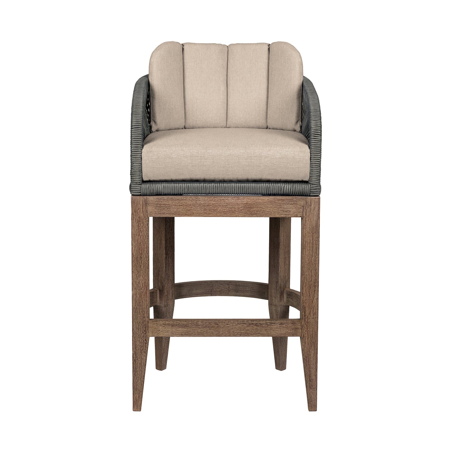 Orbit Outdoor Patio Bar and Counter Stool in Weathered Eucalyptus Wood with Gray Rope and Taupe Olefin Cushions