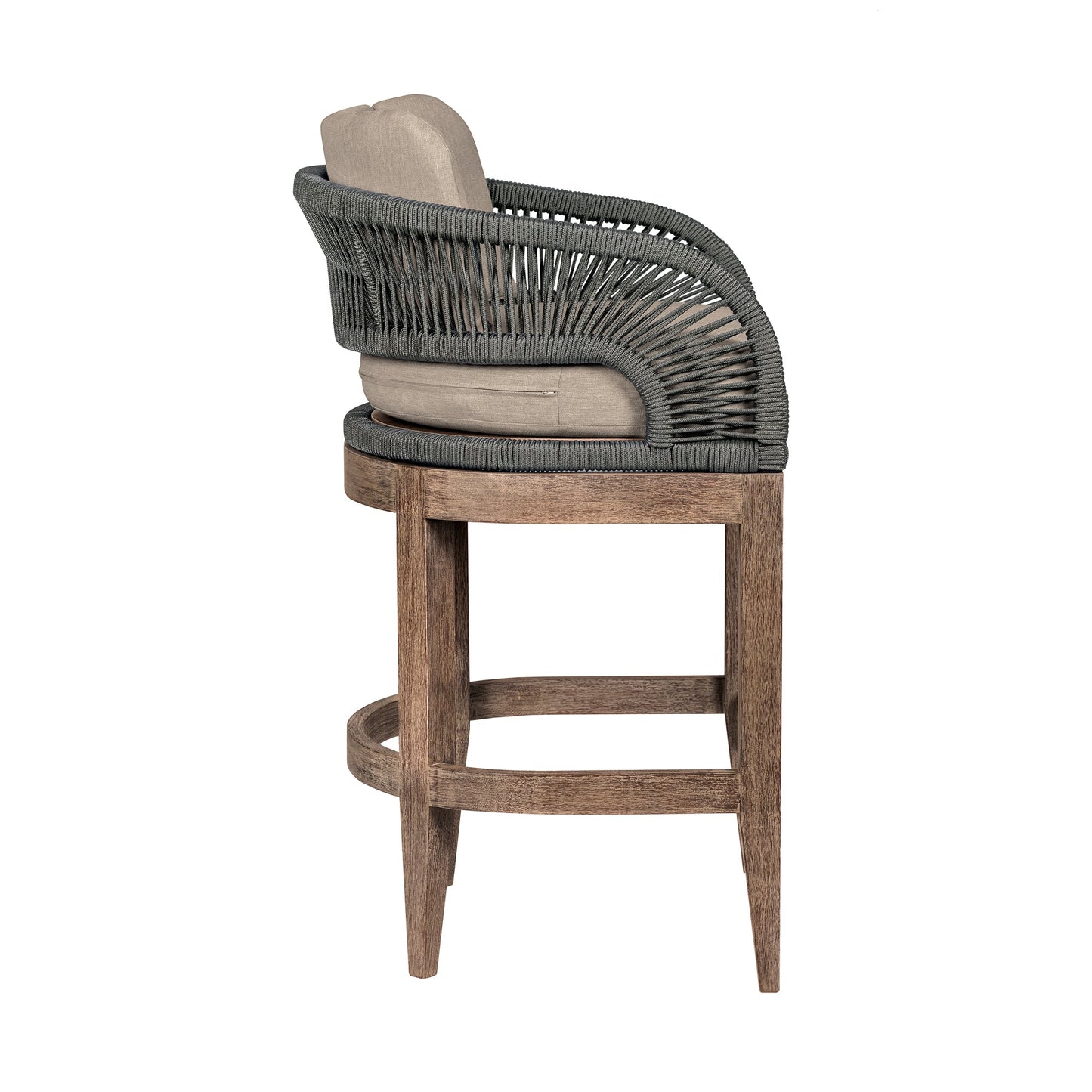 Orbit Outdoor Patio Bar and Counter Stool in Weathered Eucalyptus Wood with Gray Rope and Taupe Olefin Cushions