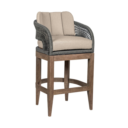 Orbit Outdoor Patio Bar and Counter Stool in Weathered Eucalyptus Wood with Gray Rope and Taupe Olefin Cushions