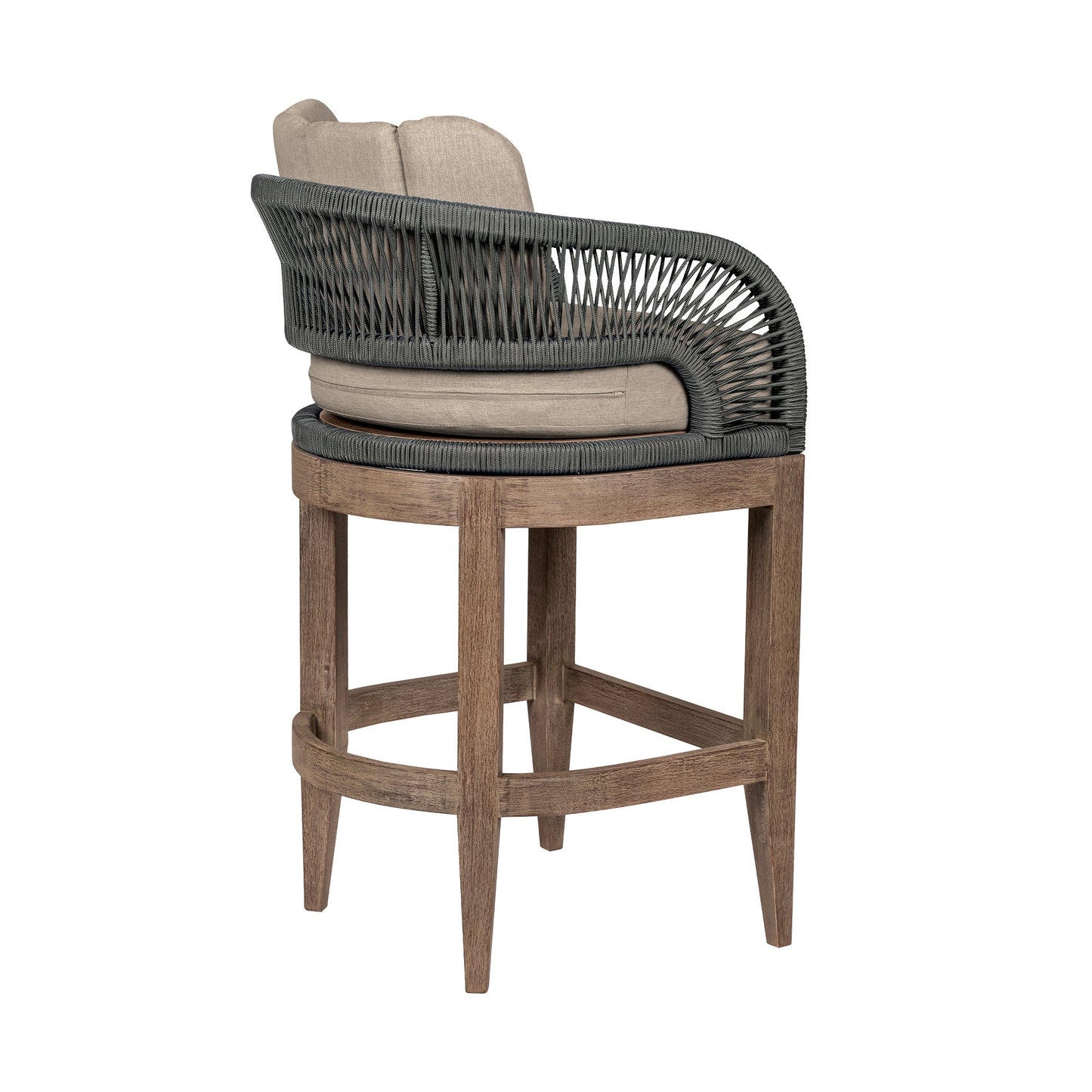 Orbit Outdoor Patio Bar and Counter Stool in Weathered Eucalyptus Wood with Gray Rope and Taupe Olefin Cushions