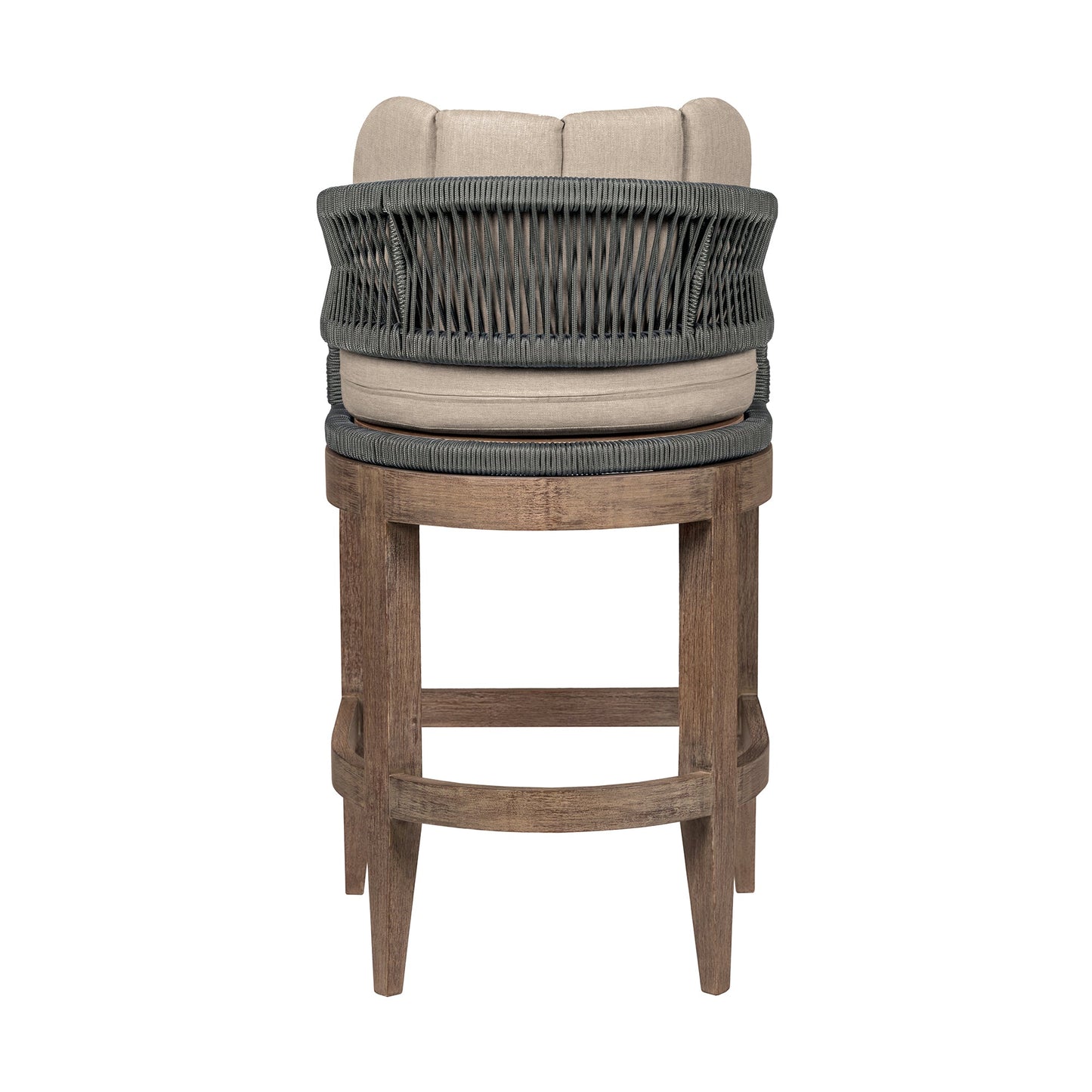 Orbit Outdoor Patio Bar and Counter Stool in Weathered Eucalyptus Wood with Gray Rope and Taupe Olefin Cushions