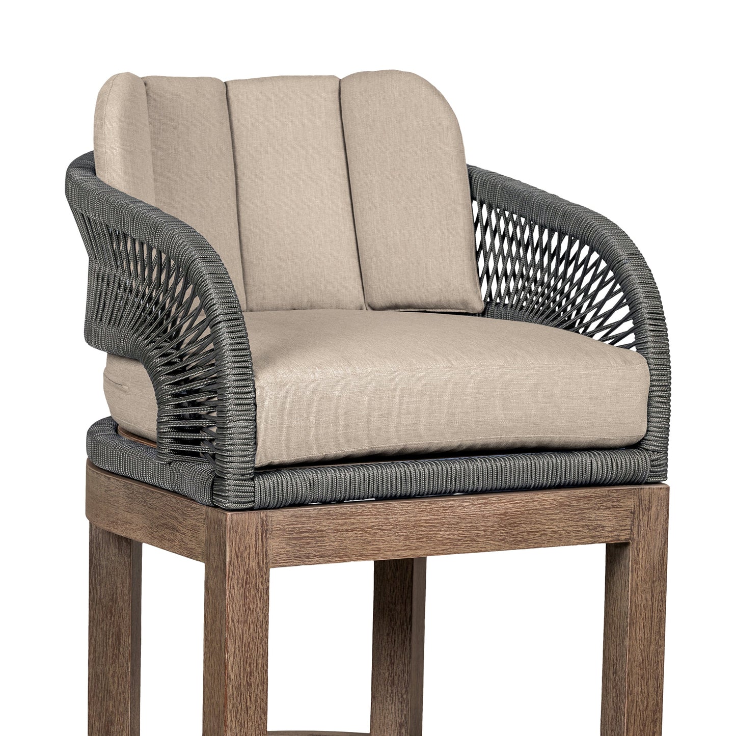 Orbit Outdoor Patio Bar and Counter Stool in Weathered Eucalyptus Wood with Gray Rope and Taupe Olefin Cushions