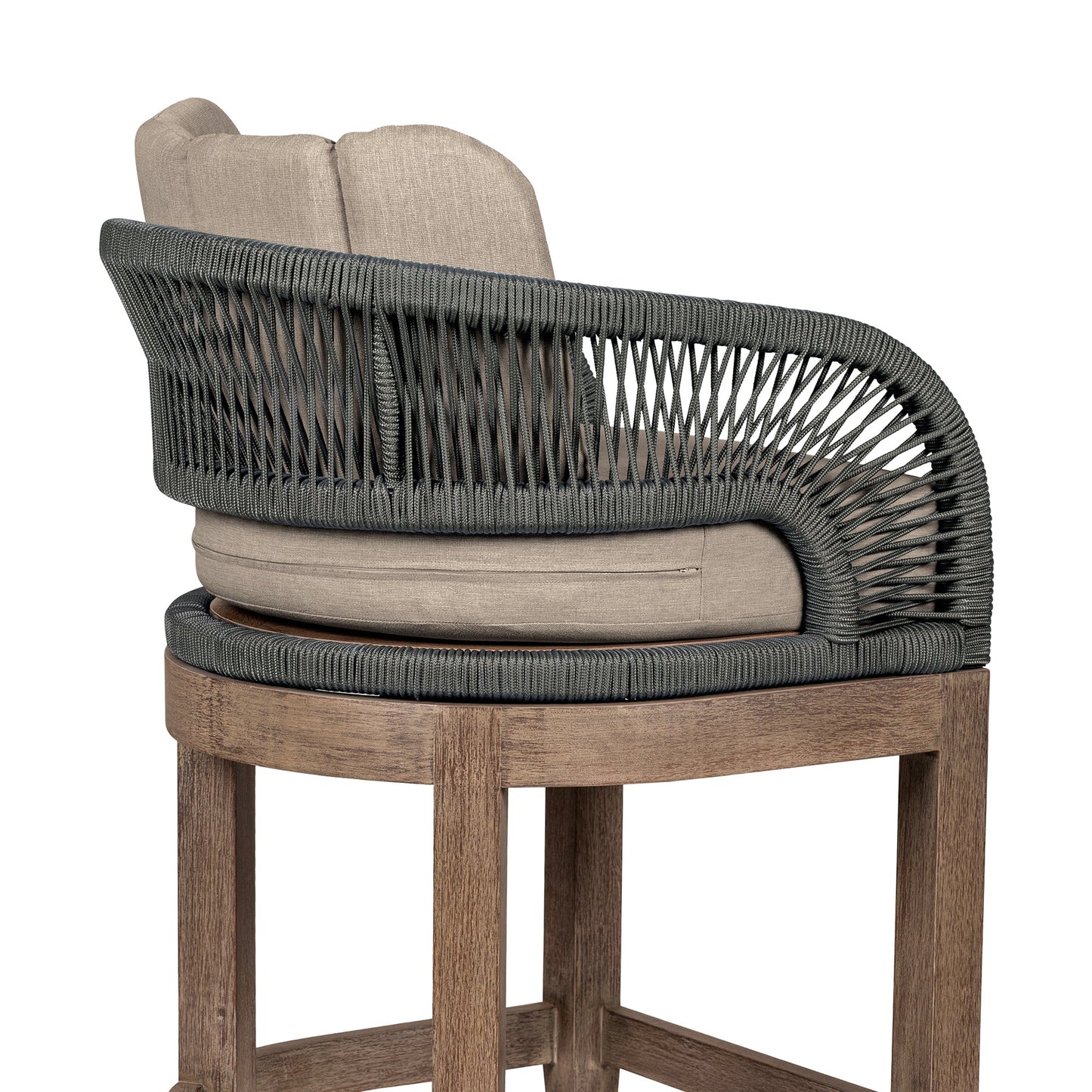 Orbit Outdoor Patio Bar and Counter Stool in Weathered Eucalyptus Wood with Gray Rope and Taupe Olefin Cushions