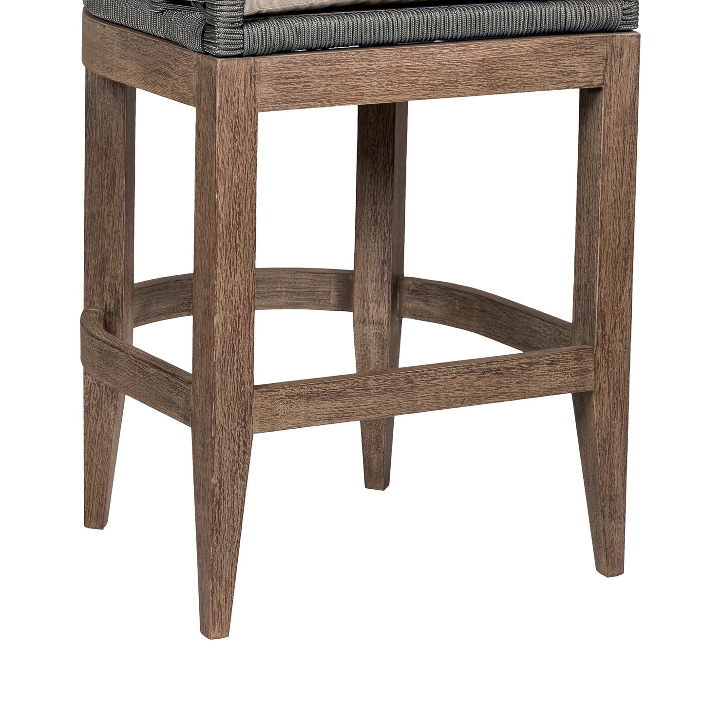 Orbit Outdoor Patio Bar and Counter Stool in Weathered Eucalyptus Wood with Gray Rope and Taupe Olefin Cushions