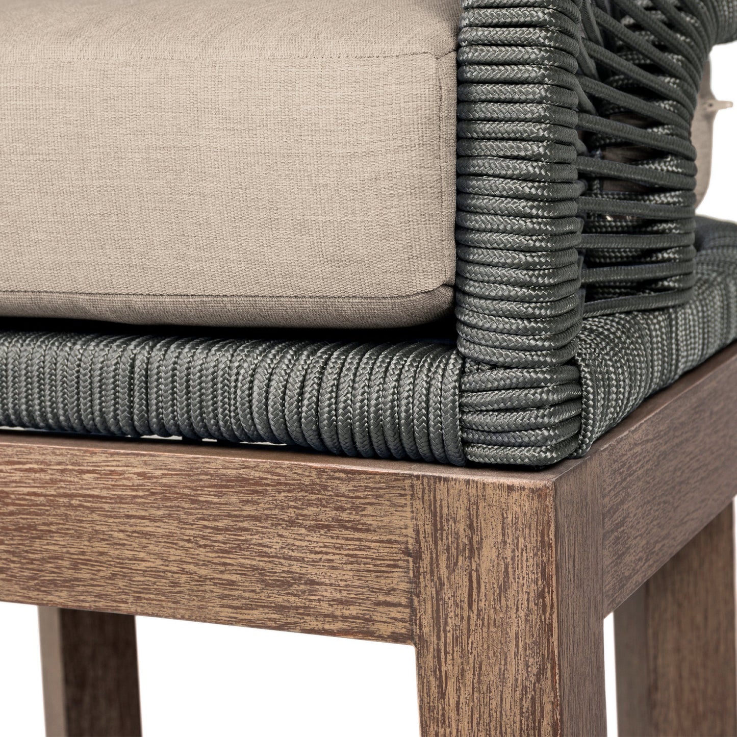 Orbit Outdoor Patio Bar and Counter Stool in Weathered Eucalyptus Wood with Gray Rope and Taupe Olefin Cushions
