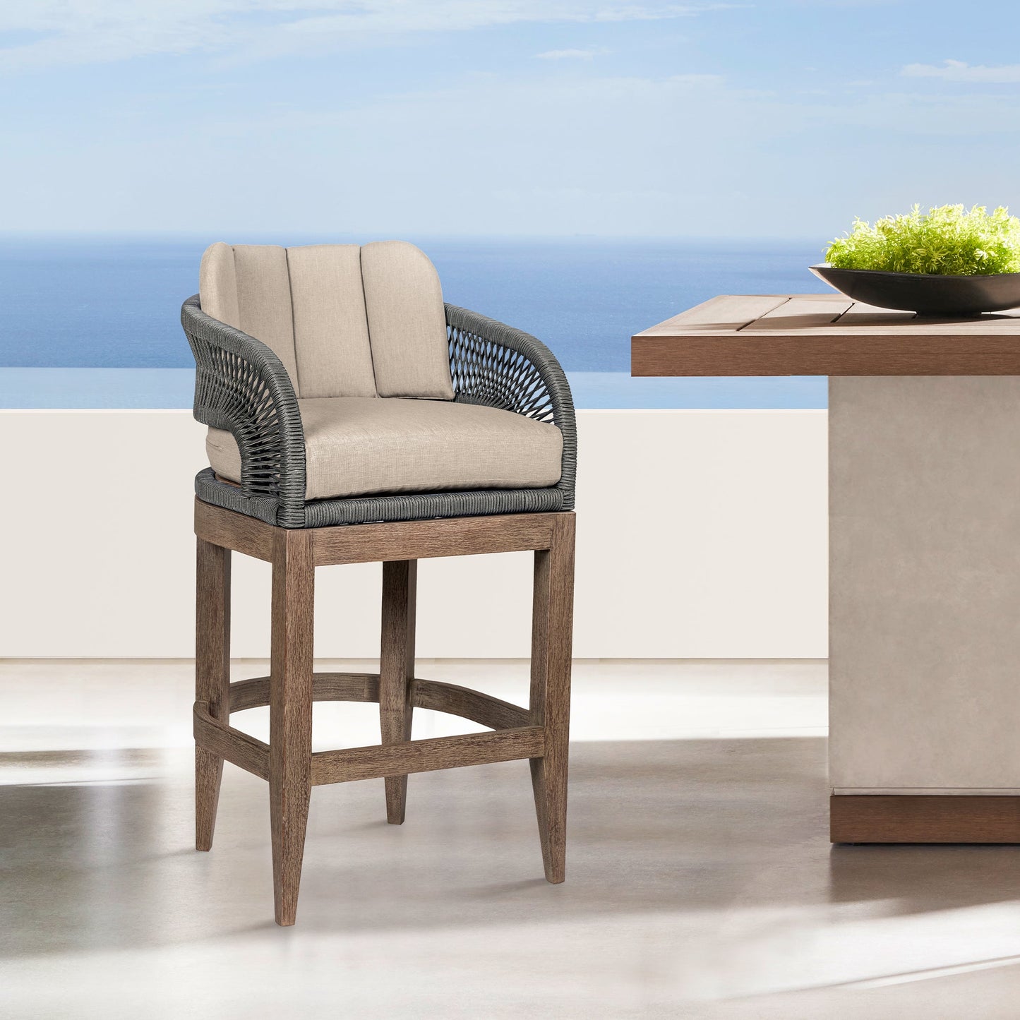 Orbit Outdoor Patio Bar and Counter Stool in Weathered Eucalyptus Wood with Gray Rope and Taupe Olefin Cushions