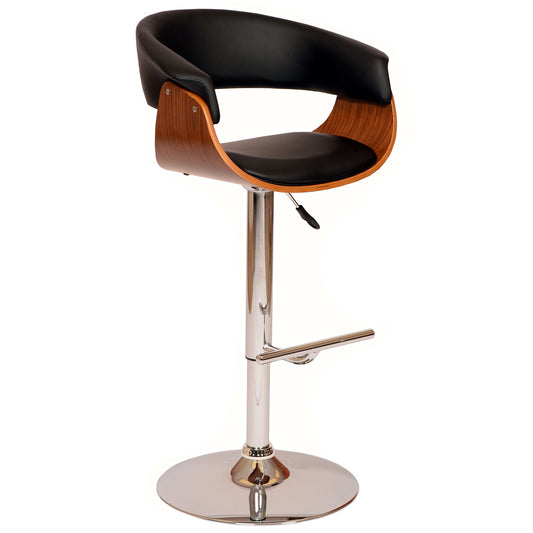 Paris Faux Leather Adjustable Height Swivel Walnut Wood and Chrome Bar Stool