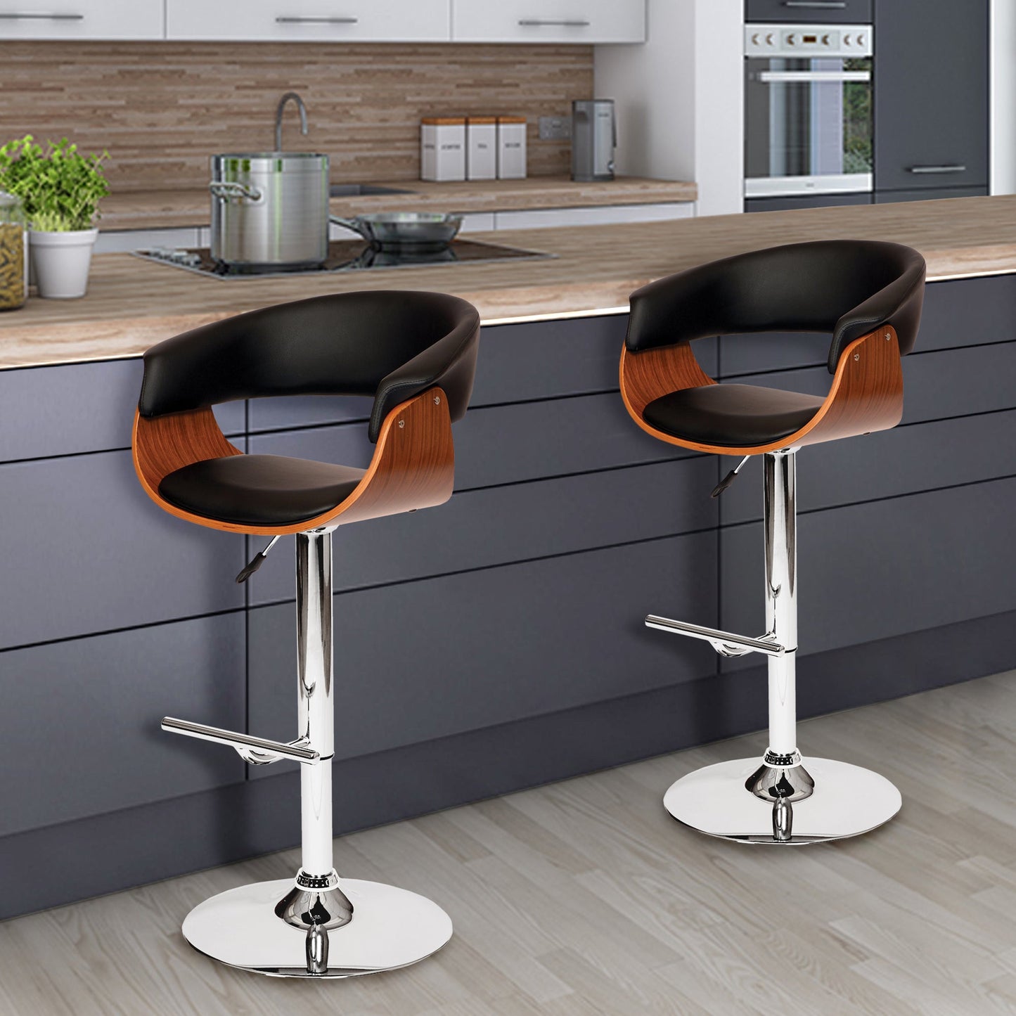 Paris Faux Leather Adjustable Height Swivel Walnut Wood and Chrome Bar Stool