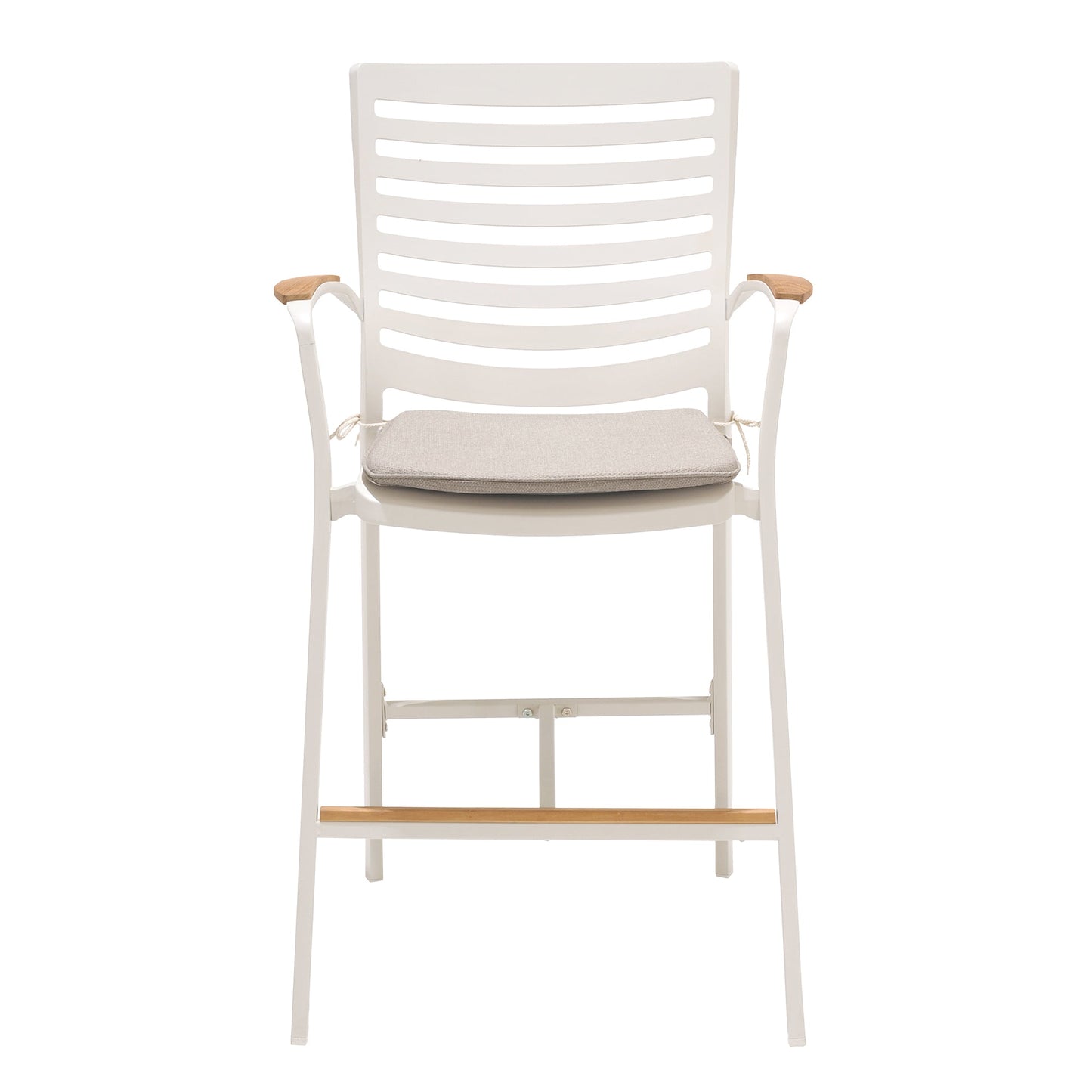 Portals Outdoor Patio Aluminum Barstool in Light Matte Sand with Natural Teak Wood Accent