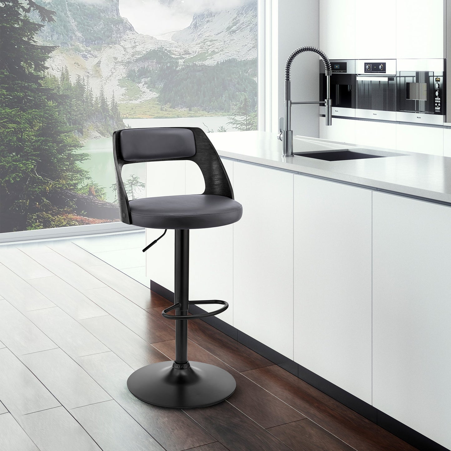 Paulo Adjustable Swivel Faux Leather and Wood Bar Stool with Chrome and Black Base