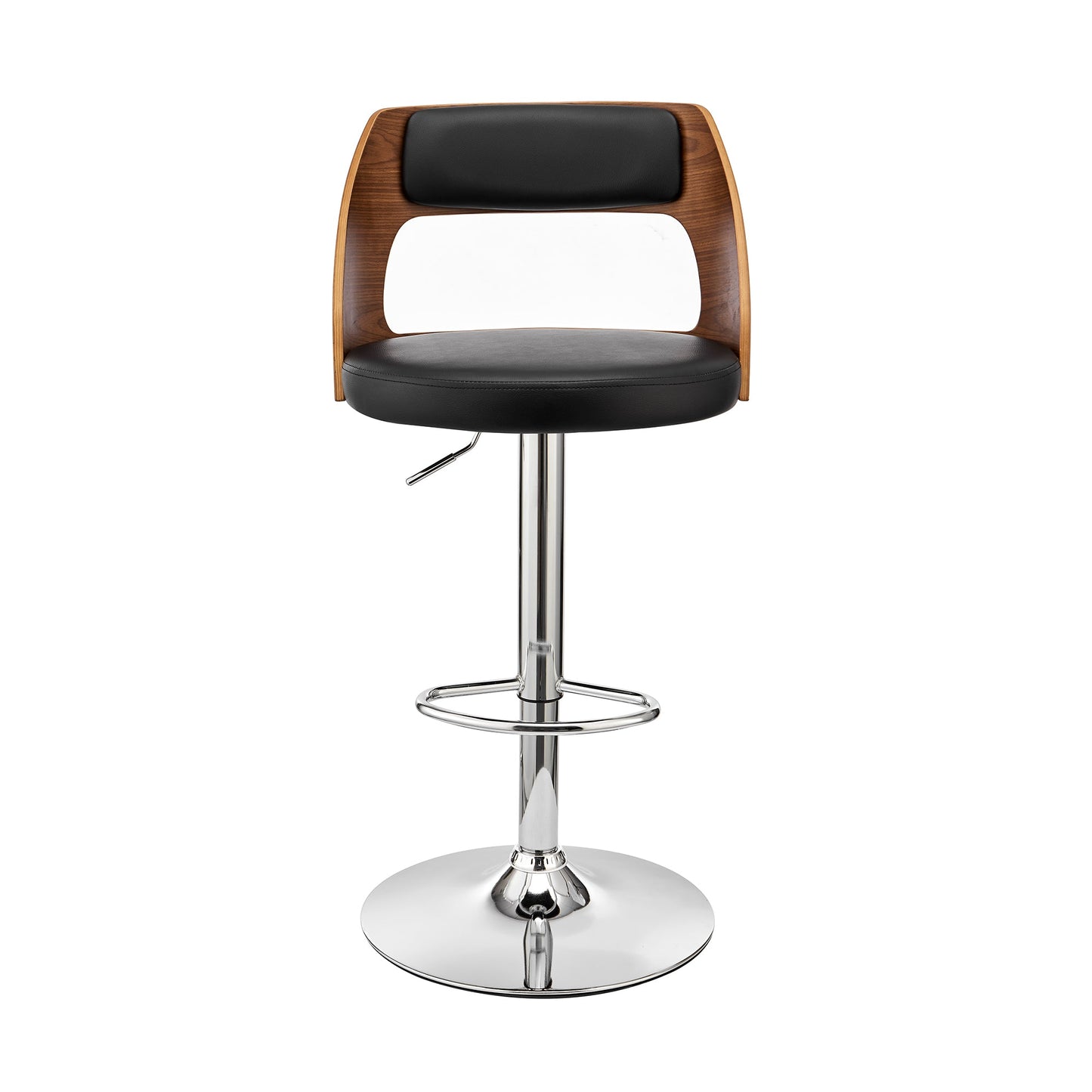 Paulo Adjustable Swivel Faux Leather and Wood Bar Stool with Chrome and Black Base