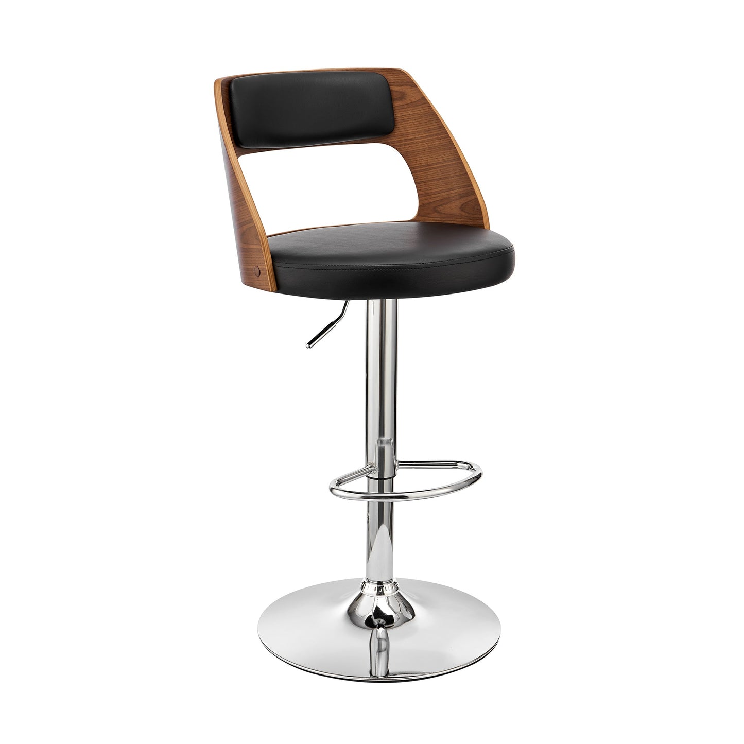 Paulo Adjustable Swivel Faux Leather and Wood Bar Stool with Chrome and Black Base