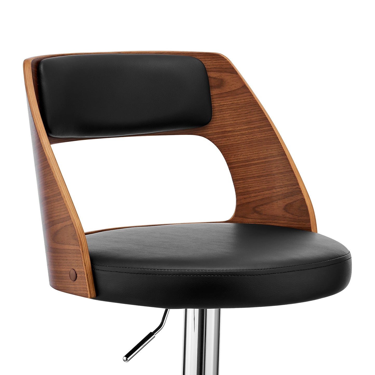 Paulo Adjustable Swivel Faux Leather and Wood Bar Stool with Chrome and Black Base