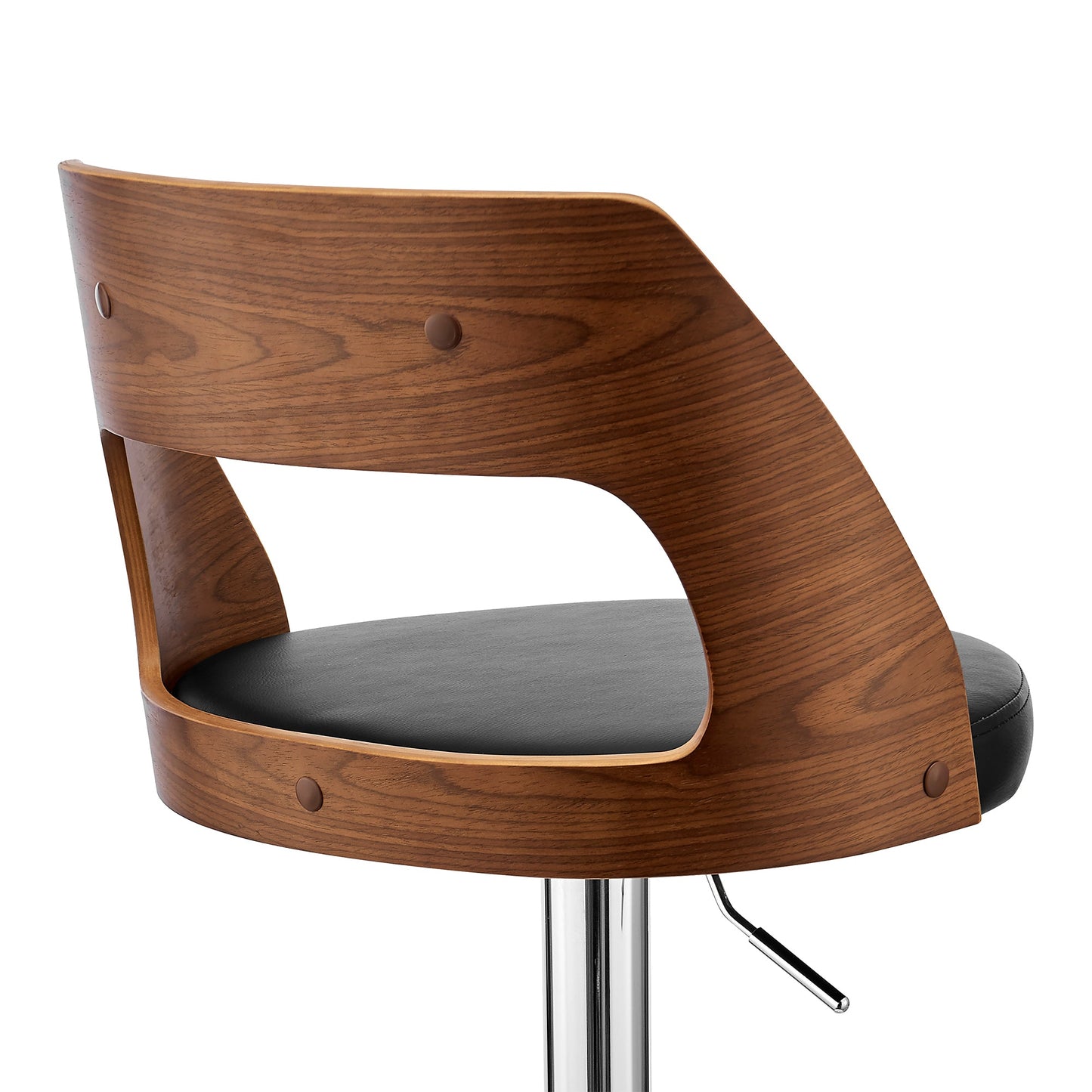 Paulo Adjustable Swivel Faux Leather and Wood Bar Stool with Chrome and Black Base