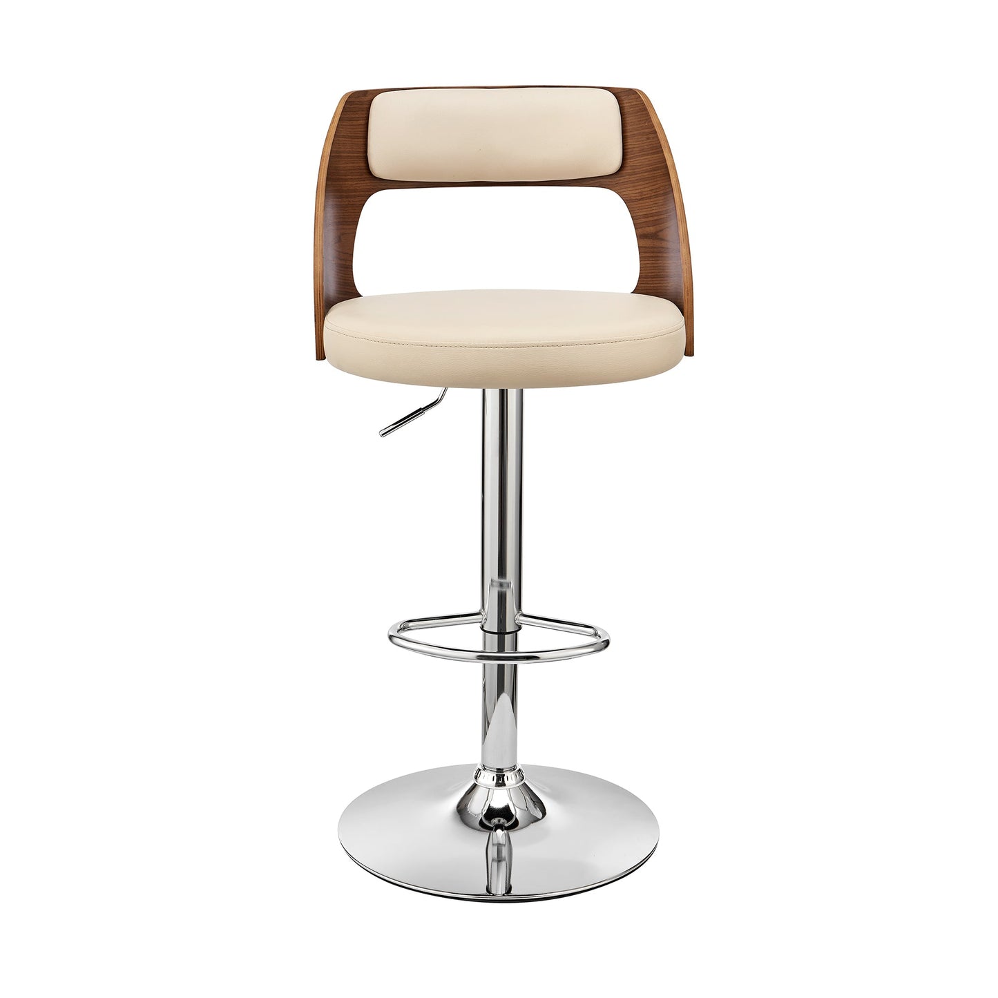 Paulo Adjustable Swivel Faux Leather and Wood Bar Stool with Chrome and Black Base