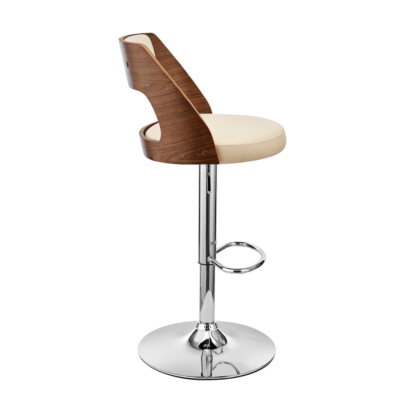 Paulo Adjustable Swivel Faux Leather and Wood Bar Stool with Chrome and Black Base